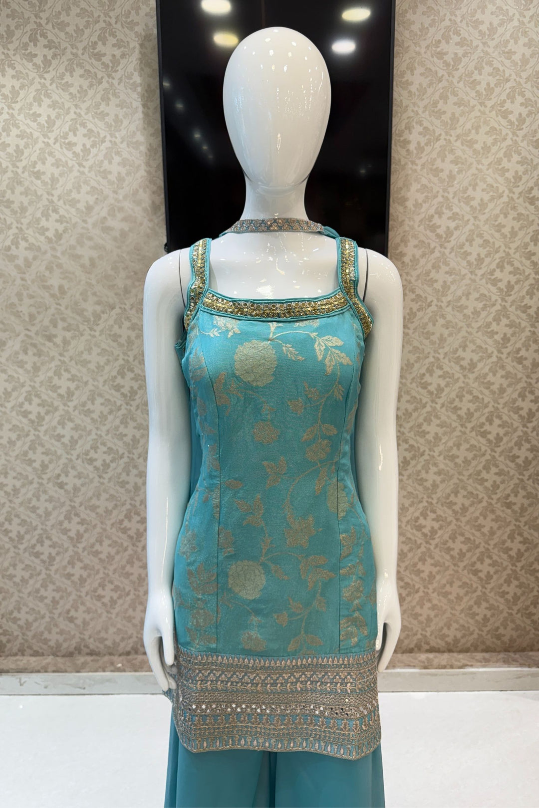 Light Blue Banaras Zari, Mirror, Zardozi, Sequins, Stone and Beads work Palazzo Salwar Suit