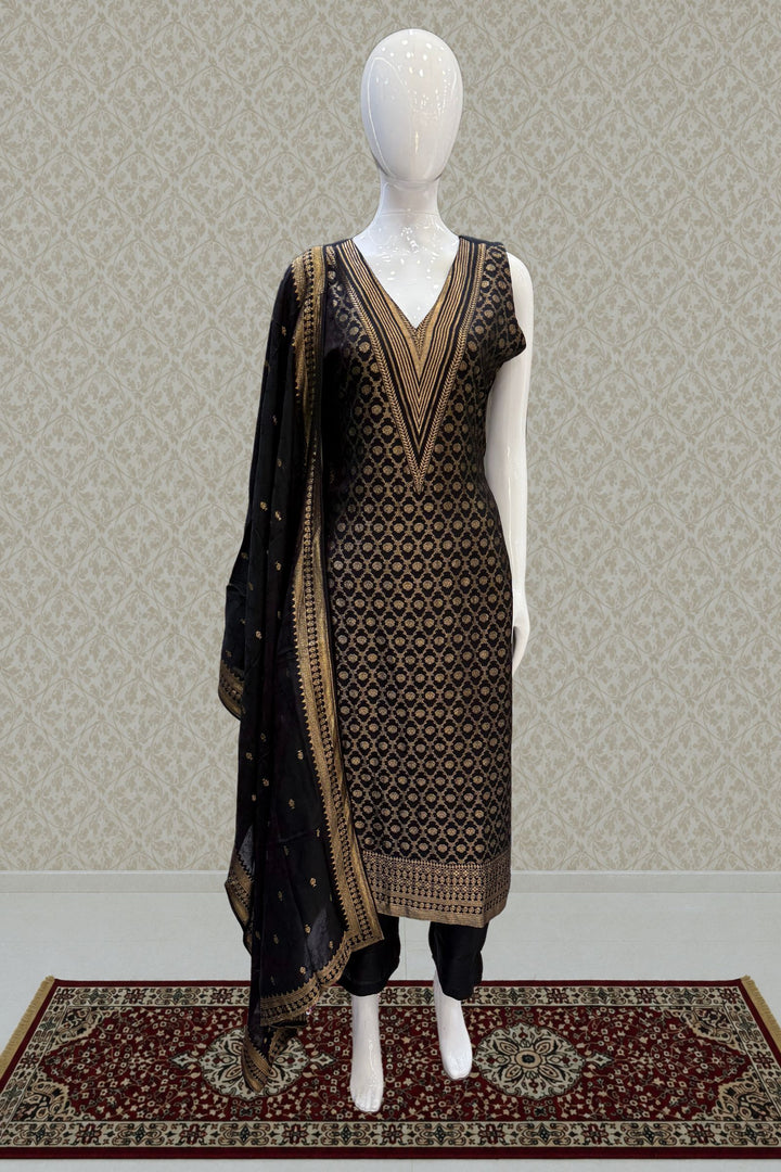 Black Banaras work V-Neck Straight Cut Salwar Suit