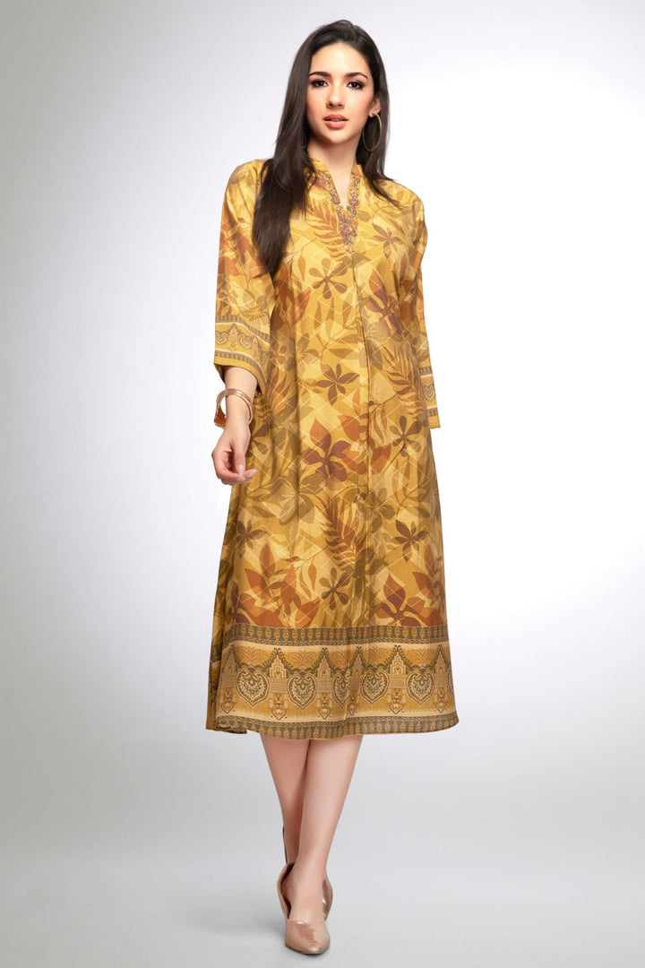 Mustard Beads, Sequins and Zardozi work with Digital Print A-Line Cut Calf Length Kurti