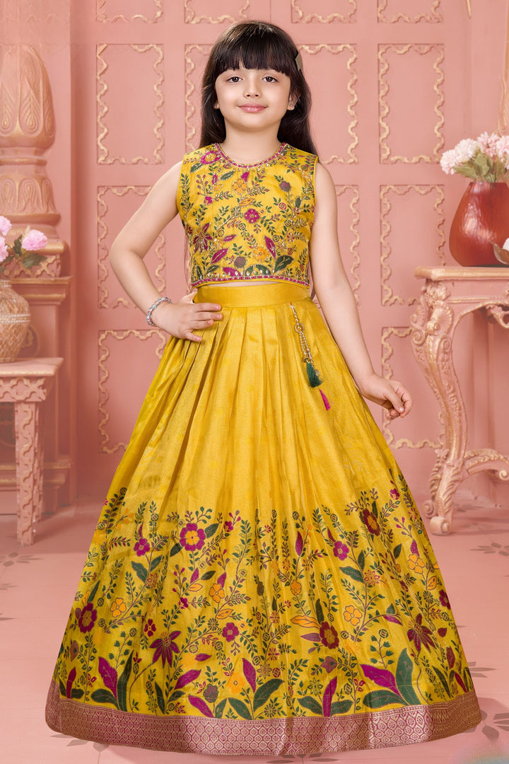 Yellow Jacquard, Beads and Stone work Lehenga Choli for Girls