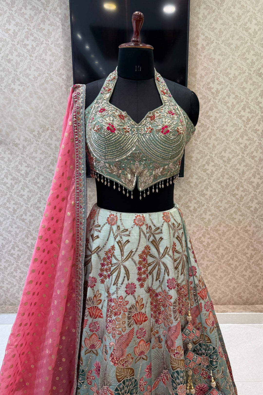 Sea Green Zardozi, Sequins, Beads, Thread and Zari work with Halter Neck Lehenga
