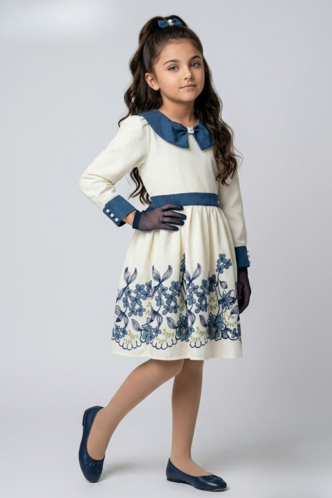 White Floral Embroidery work Short Casual Frock For Girls