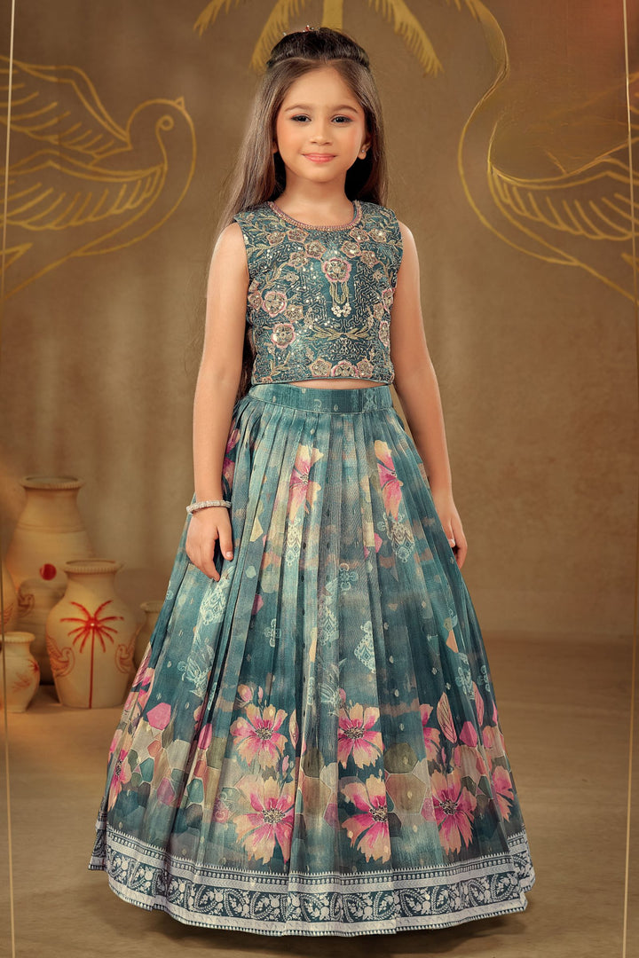 Peacock Green Multicolor Embroidery, Sequins and Zari work with Floral Print Lehenga Choli for Girls