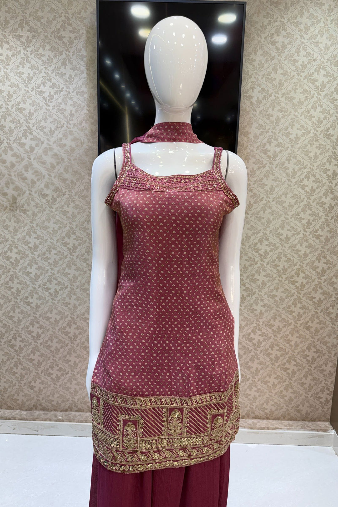 Onion Pink Sequins, Beads, Stone and Zari work with Bandini Print Palazzo Salwar Suit