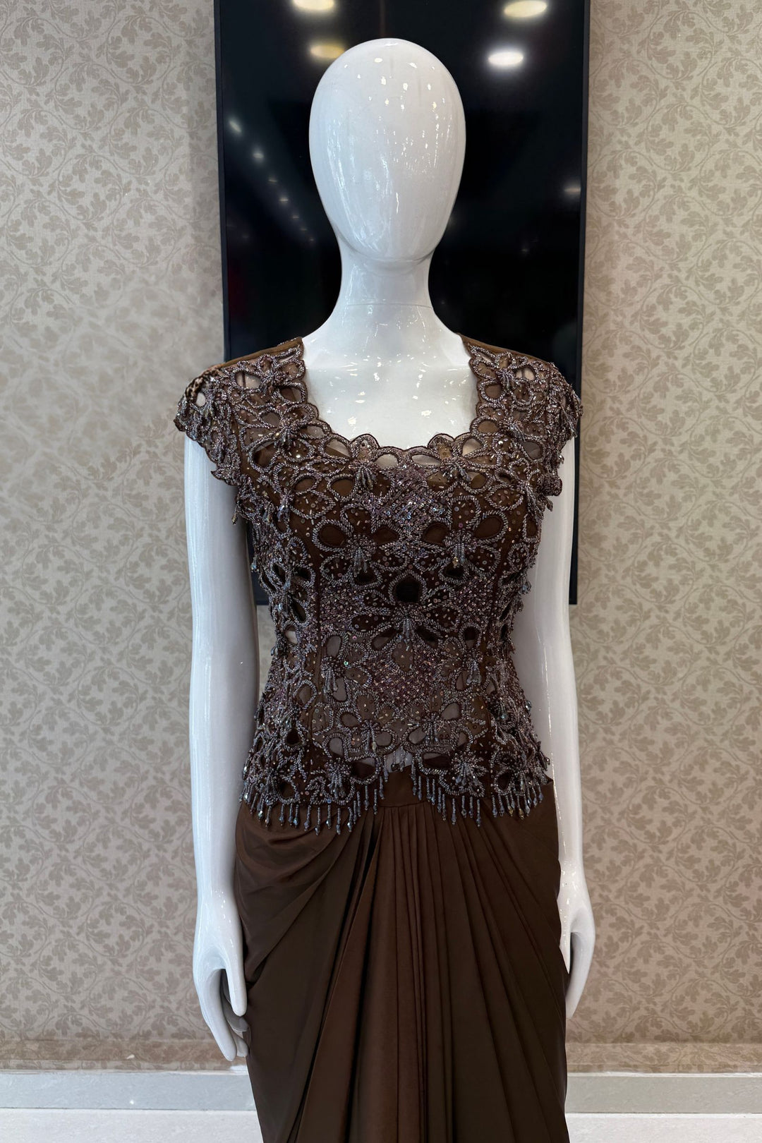 Brown Indo-Western Styled Beads and Sequins work Top and Cowl Skirt