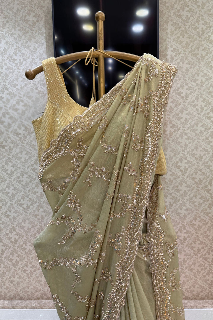 Pista Green Saree Featuring Sequins, Pearl, Beads and Zari work