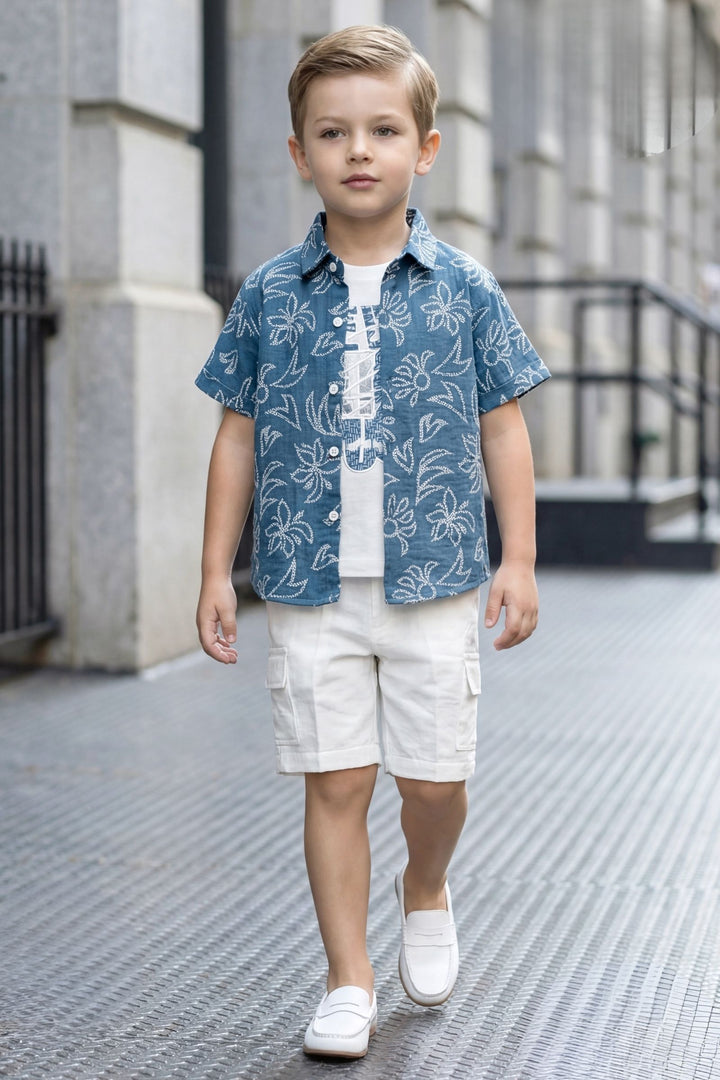 Blue with White Printed Boys Co-Ord Set