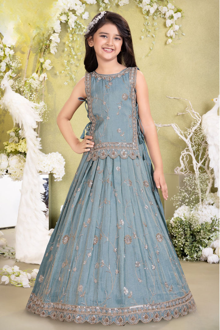 Sea Blue Beads, Sequins and Zari work Jacket Styled Long Party Gown for Girls