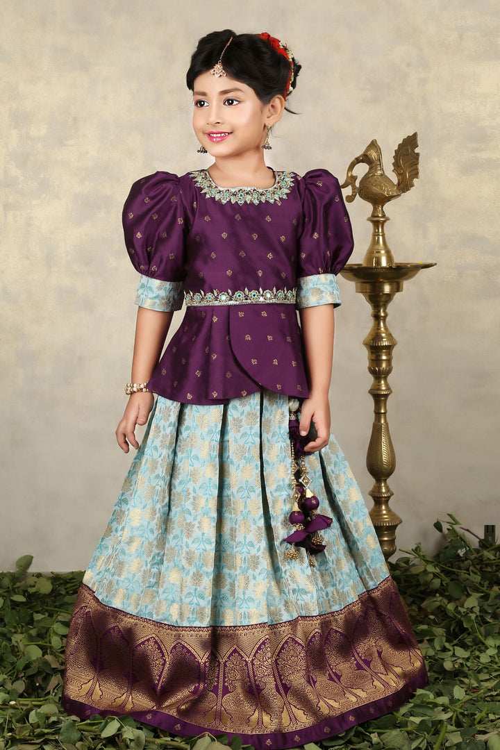 Purple with Light Blue Banaras, Mirror, Stone and Thread work Lehenga Choli for Girls