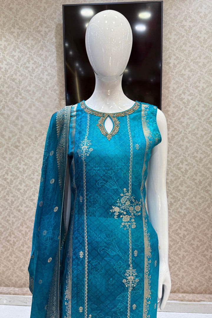 Rama Blue Banaras, Zardozi, Beads, Stone and Zari work Straight Cut Salwar Suit
