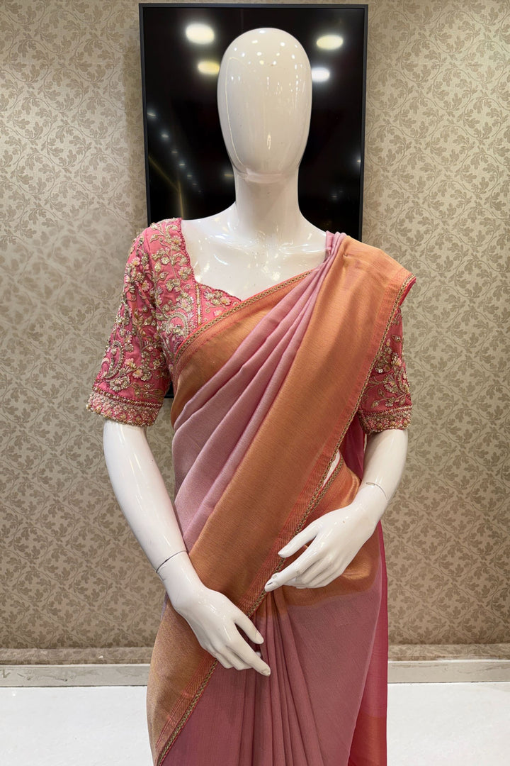 Baby Pink Saree with Beads, Sequins, Zardozi and Zari work Readymade Blouse