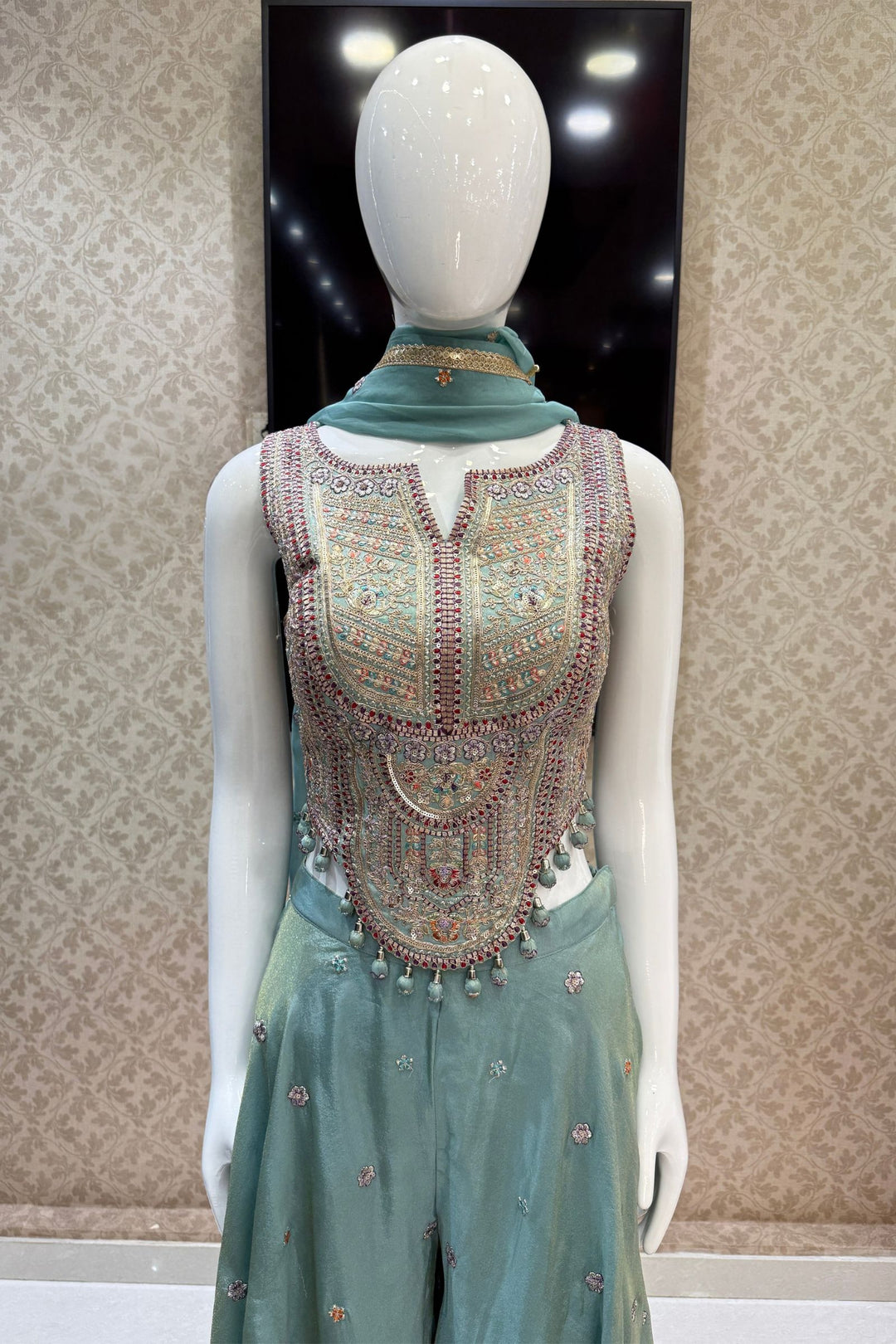 Sea Green Zari, Sequins and Multicolor Thread work Palazzo Suit Set