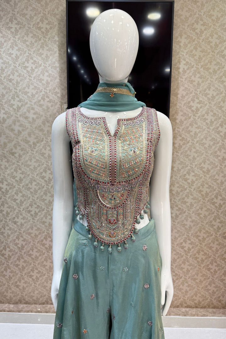Sea Green Zari, Sequins and Multicolor Thread work Palazzo Suit Set
