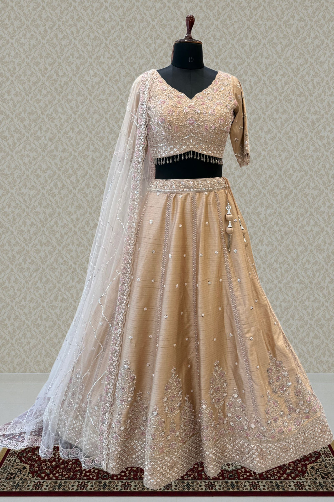 Fawn Designer Bridal Lehenga Intricate Zari, Sequins and Beads work