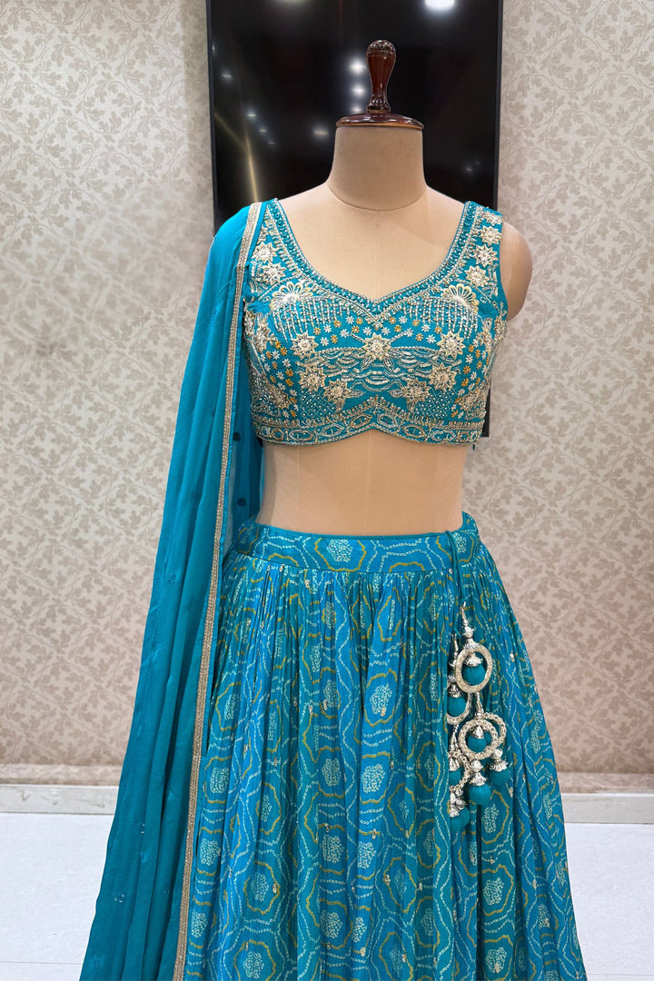 Rama Blue Stone, Zardozi, Sequins and Mirror work with Bandini Print Crop Top Lehenga