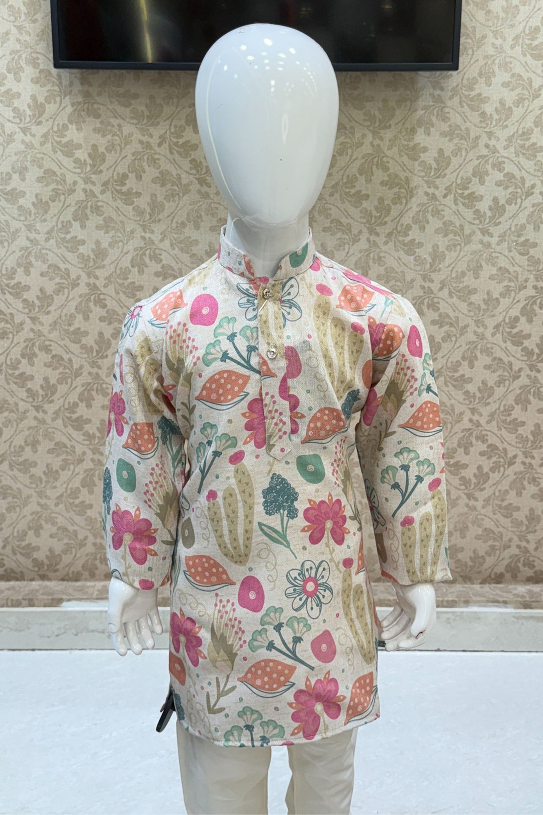 Cream with Multicolor Digital Print Kurta Set for Boys