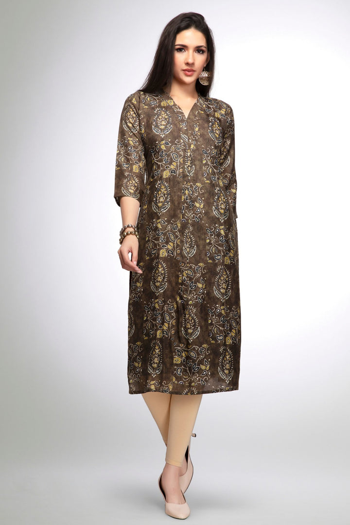 Brown Beads and Zari work with Digital Print Calf Length Kurti