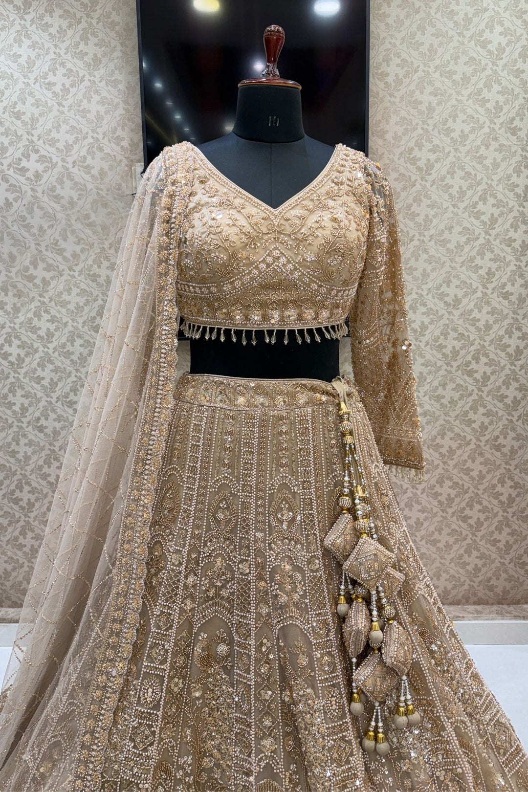 Beige Sequins, Pearl and Zari work Flared Lehenga Set with Peacock Motifs