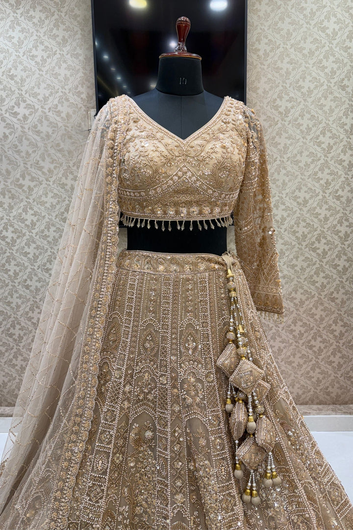 Beige Sequins, Pearl and Zari work Flared Lehenga Set with Peacock Motifs