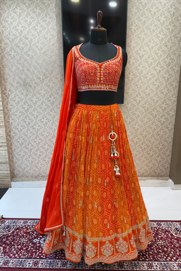 Orange Mirror, Stone, Zardozi and Sequins work with Bandini Print Crop Top Lehenga
