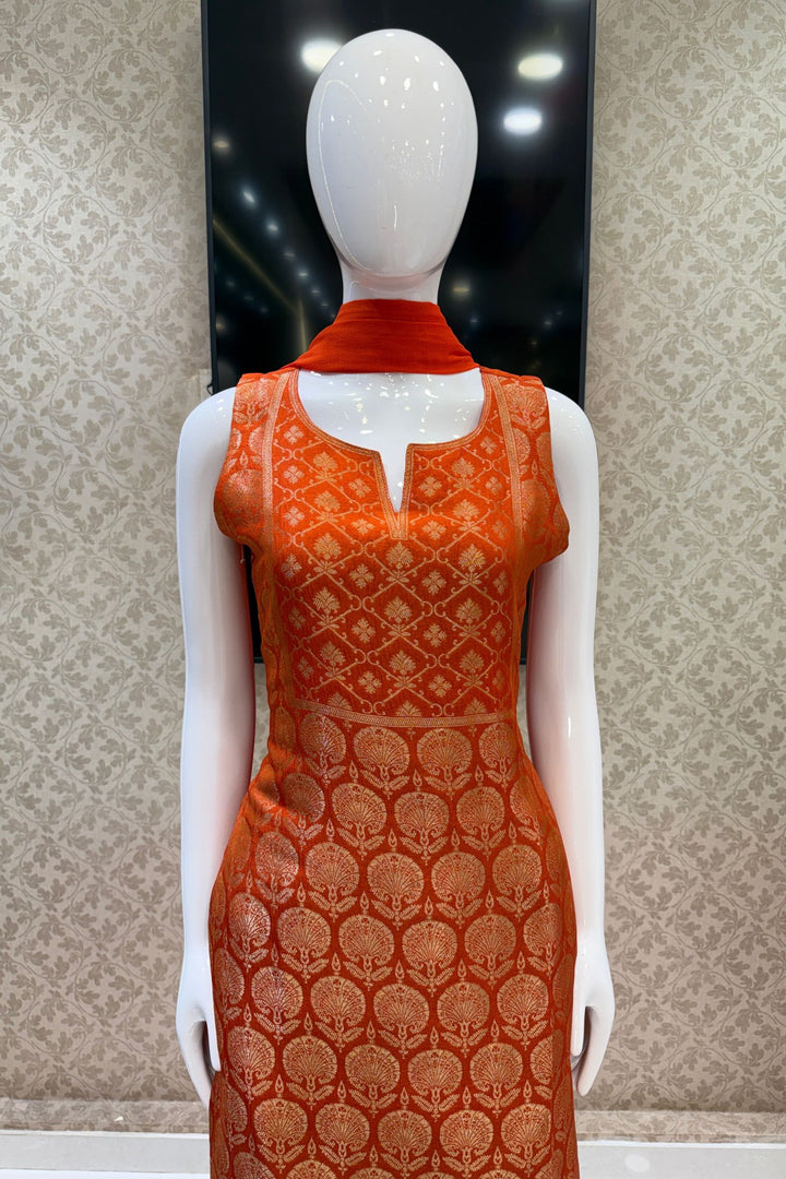 Orange Banaras work Straight Cut Salwar Suit
