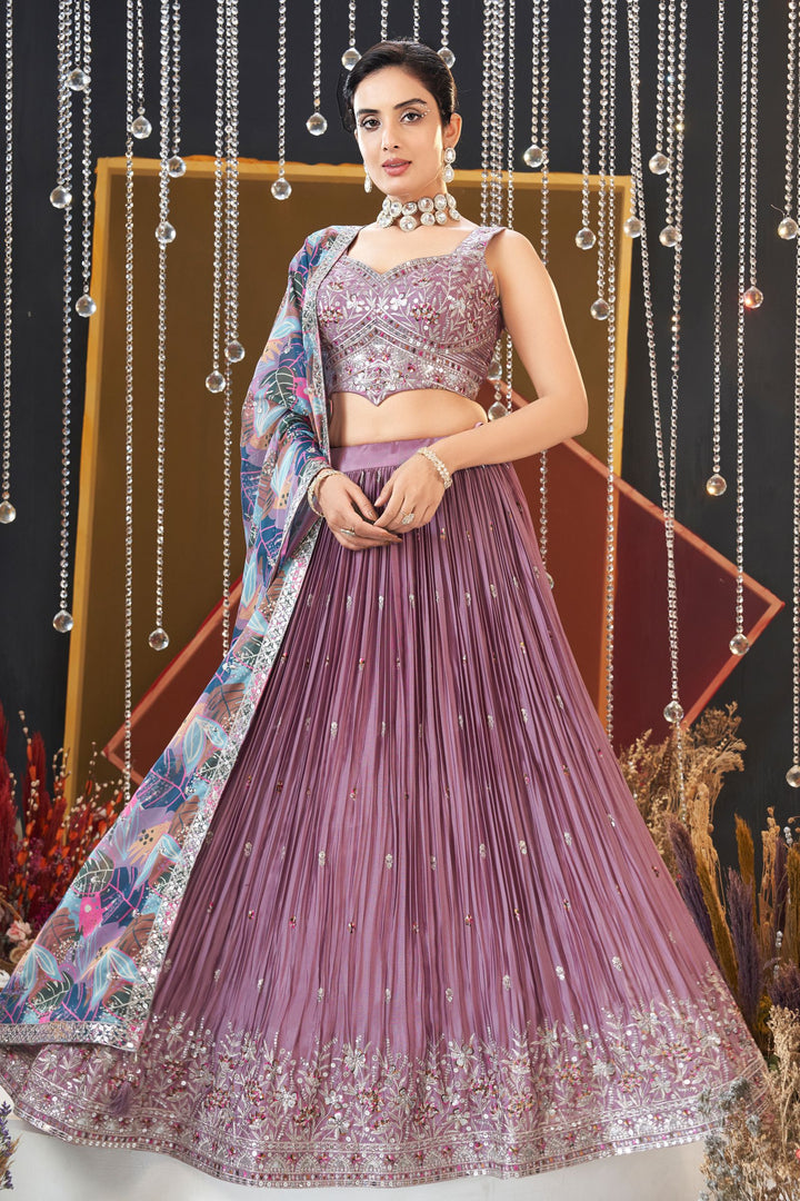 Onion Zari and Sequins work Crop Top Lehenga with Multicolor Digital Print Dupatta