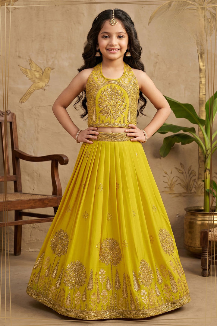 Mustard Yellow Halter Neck Girls Lehenga Choli with Gold Zari Embroidery and Sequins work