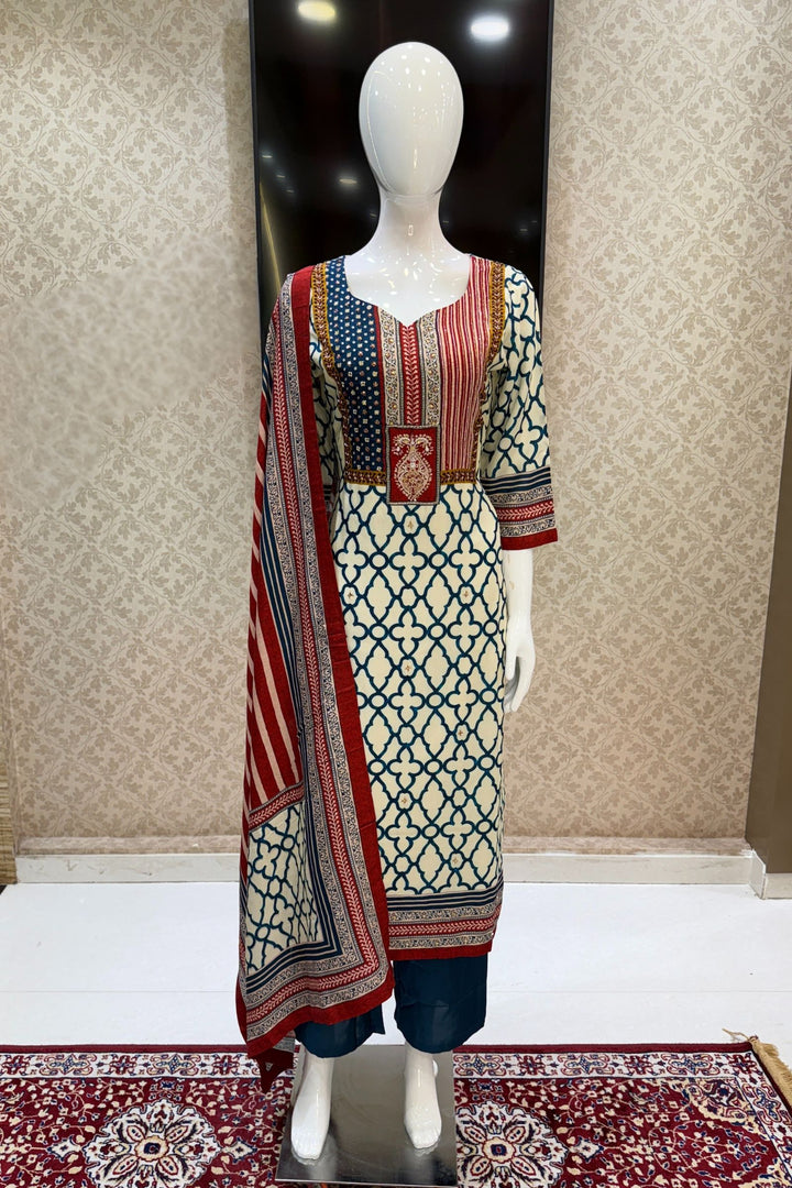 Cream with Peacock Blue Beads and Mirror work with Ajrakh Print Straight Cut Salwar Suit