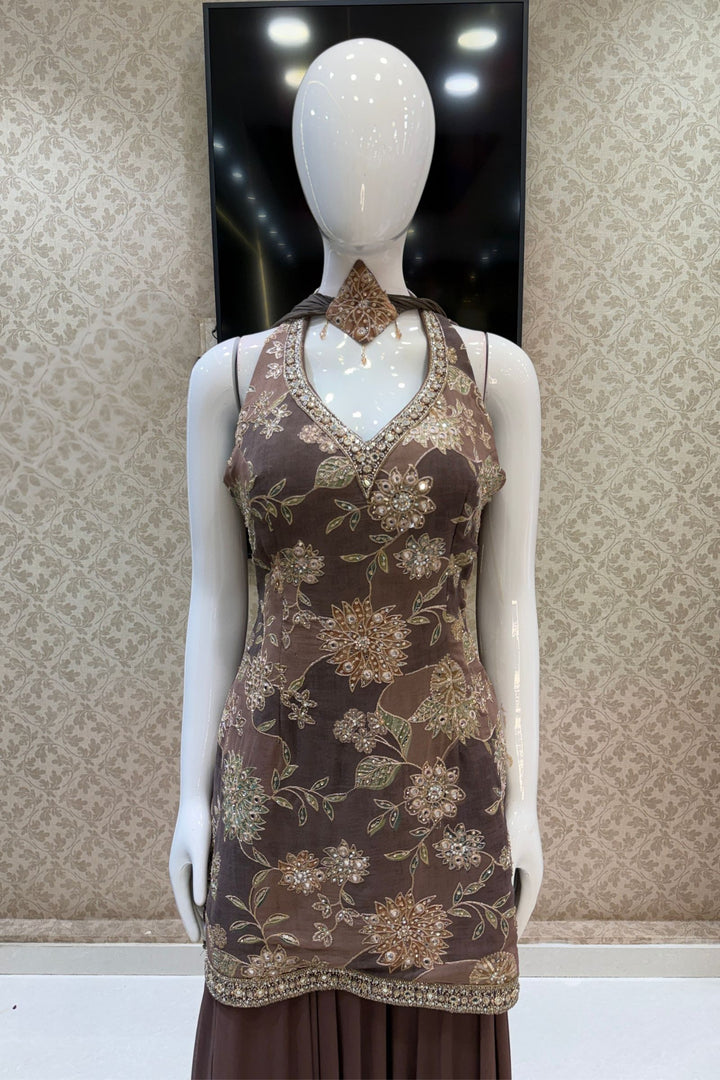 Brown Zari, Beads, Mirror and Zardozi work Palazzo Salwar Suit