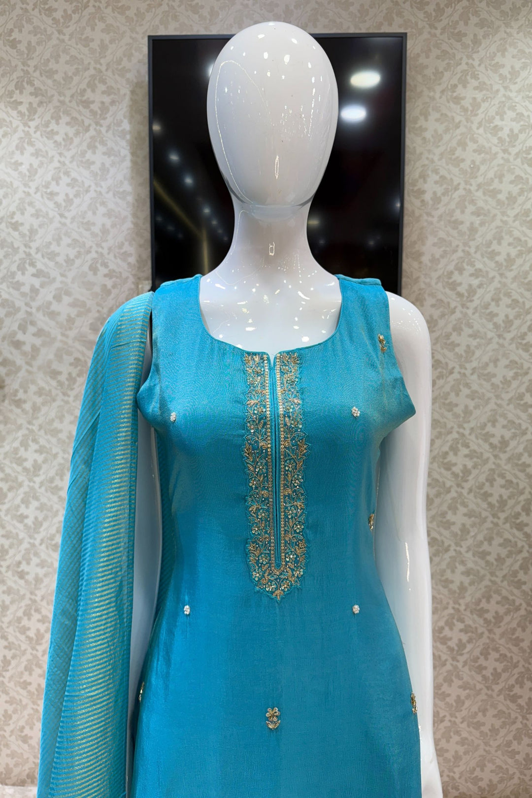 Rama Blue Beads, Zari, Stone and Sequins work Straight Cut Salwar Suit