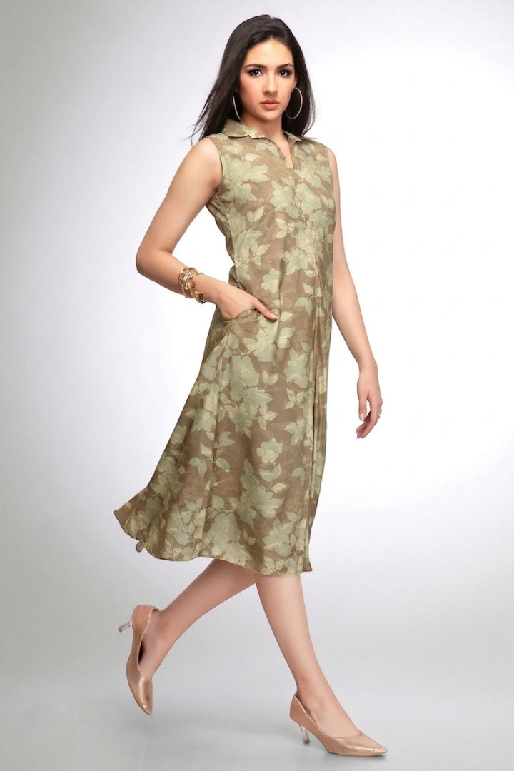 Olive Green with Digital Print and Stone work A-line Cut Calf Length Kurti
