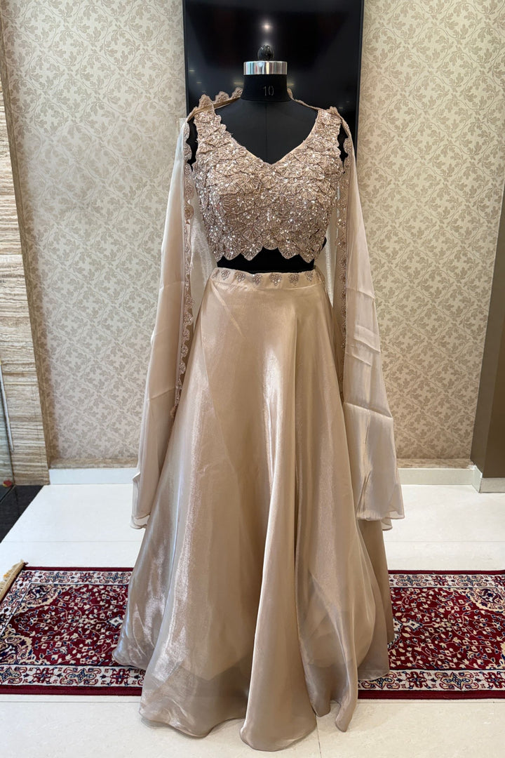 Beige Sequins and Beads work Crop Top Lehenga with Cape