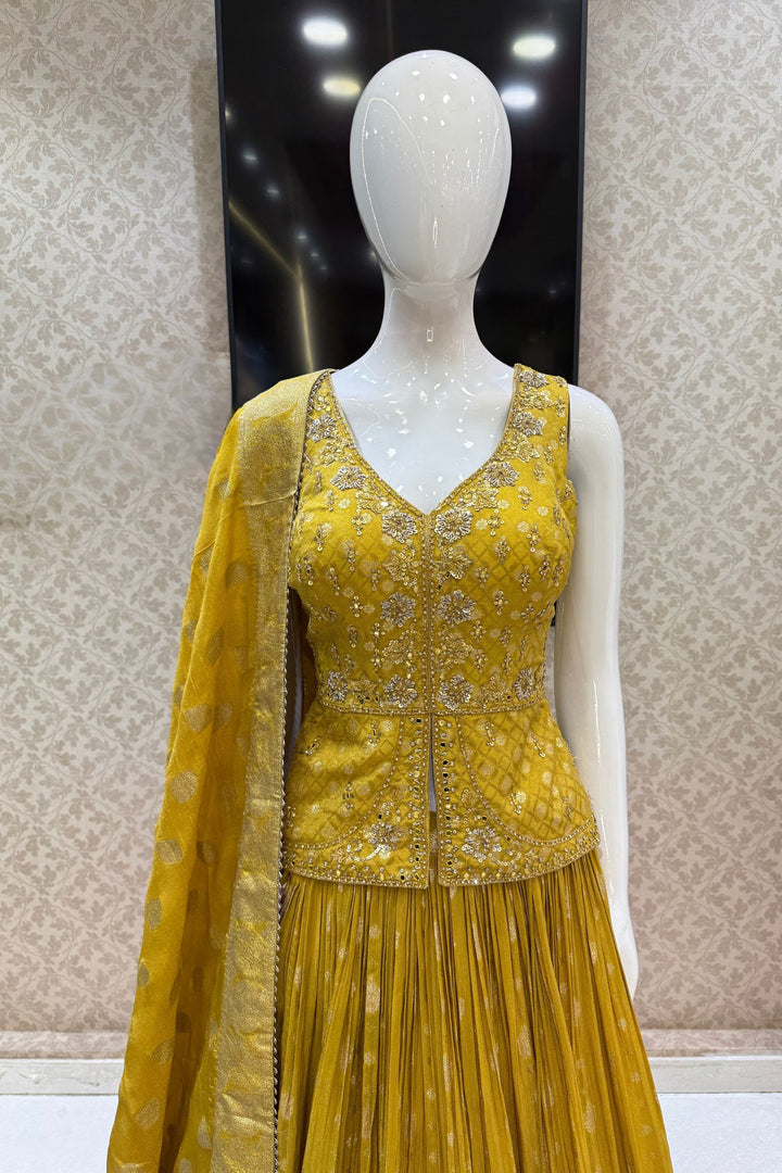 Yellow Jacquard, Mirror, Stone, Sequins, Beads and Banaras work Peplum Style Lehenga