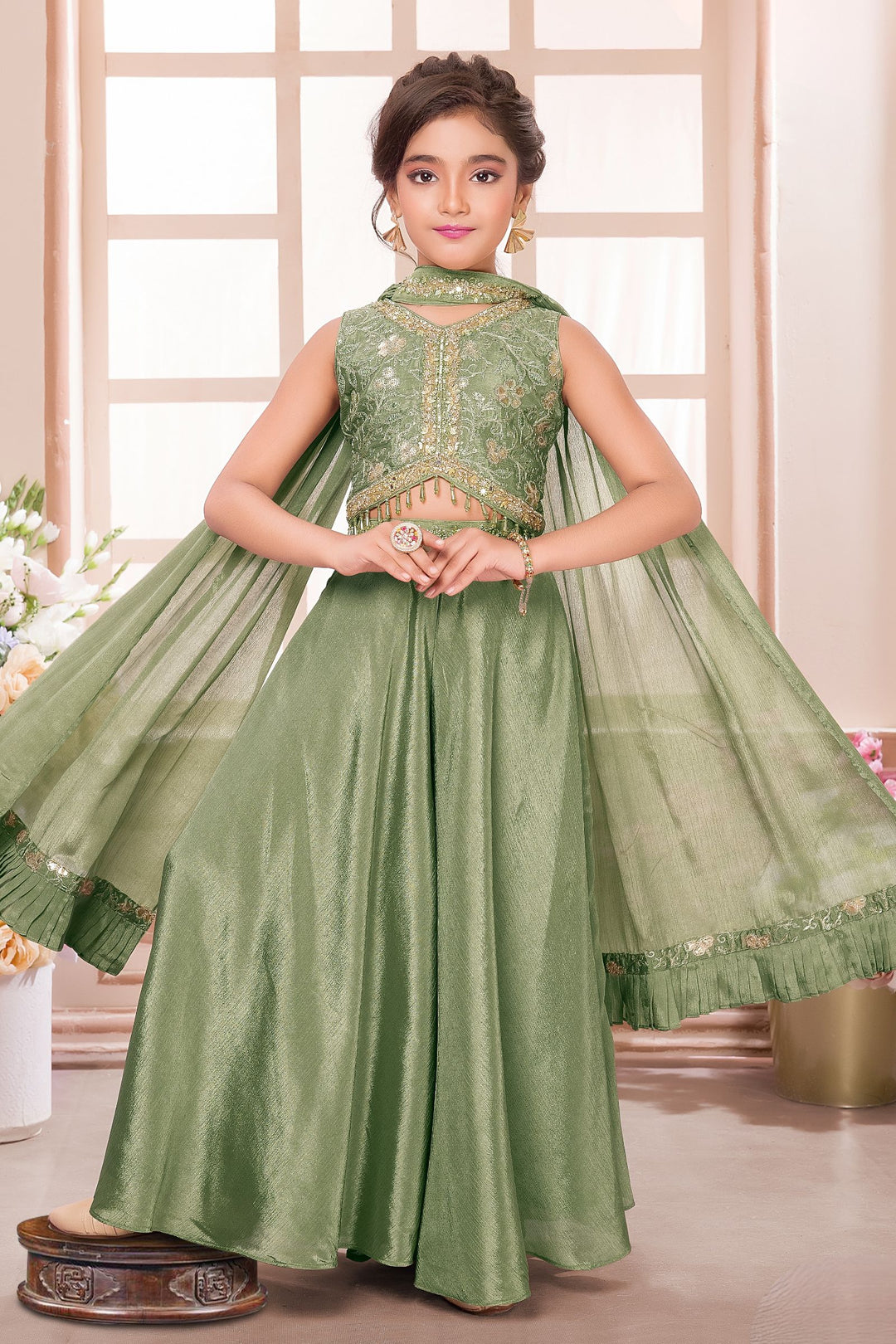 Light Olive Green Beads, Zari, Sequins, Mirror and Stone work Choli and Palazzo Set for Girls