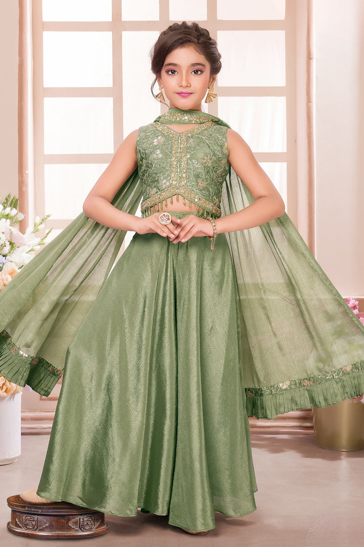Light Olive Green Beads, Zari, Sequins, Mirror and Stone work Choli and Palazzo Set for Girls