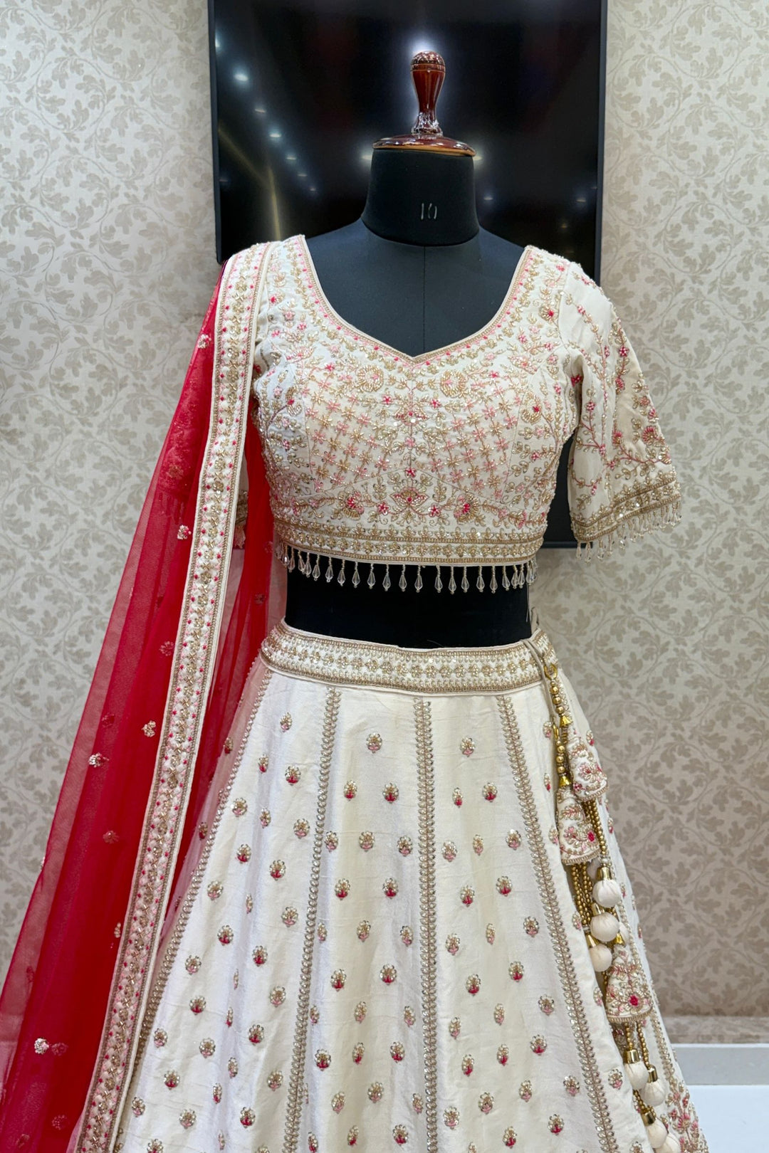 Designer Wedding Lehenga in Cream with Beads, Zari, Sequins and Thread Work