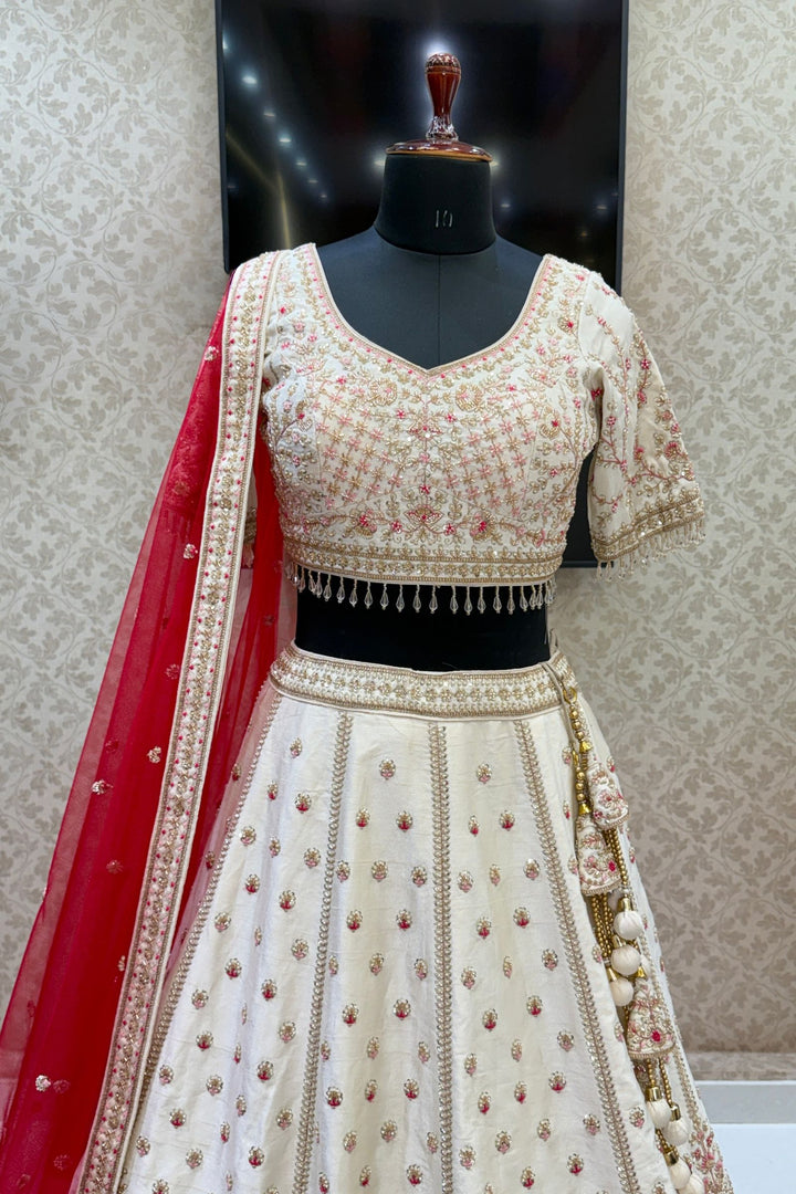 Designer Wedding Lehenga in Cream with Beads, Zari, Sequins and Thread Work