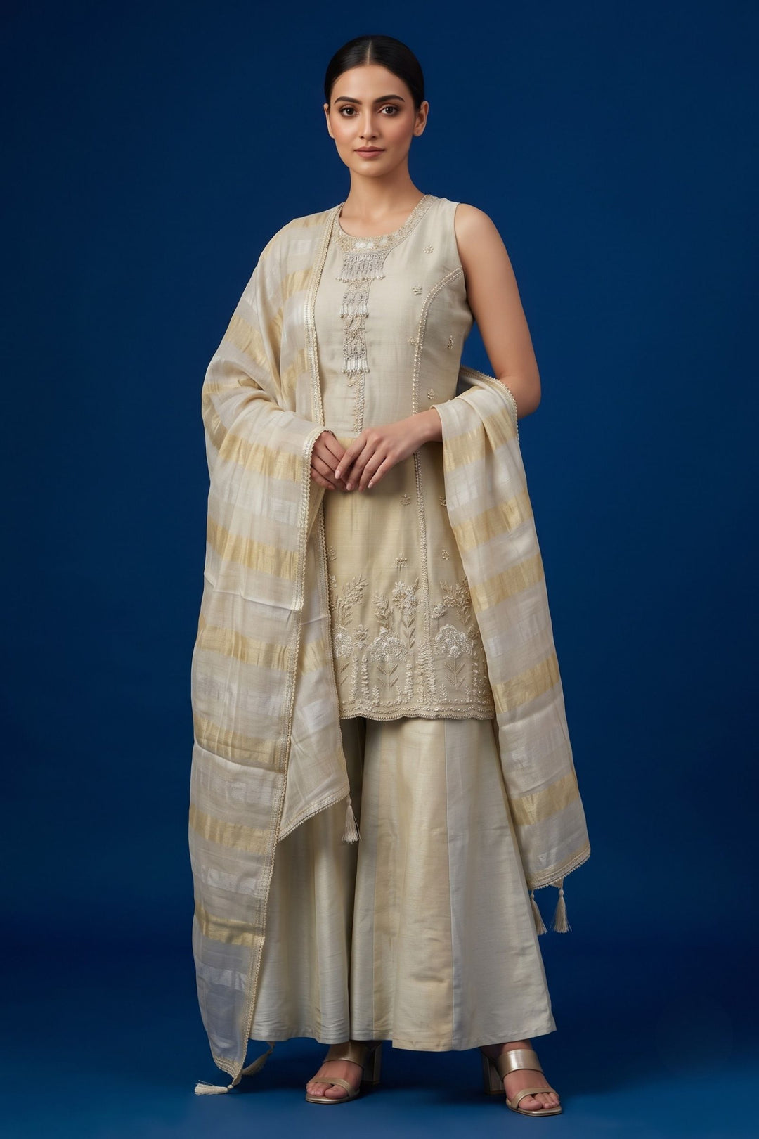 Light Grey with Gold Beads, Sequins, Zardozi and Zari work Palazzo Salwar Suit