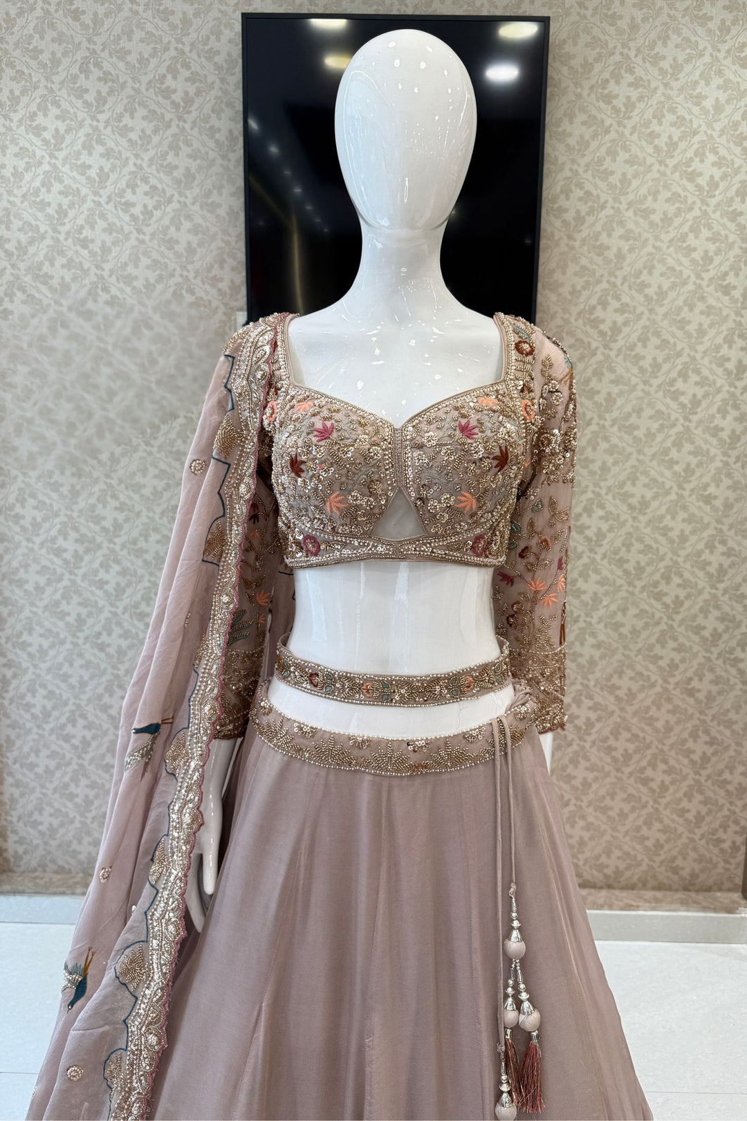 Beige Wedding Lehenga with Bird and Deer Motifs and Floral Bloom Embroidery with Belt
