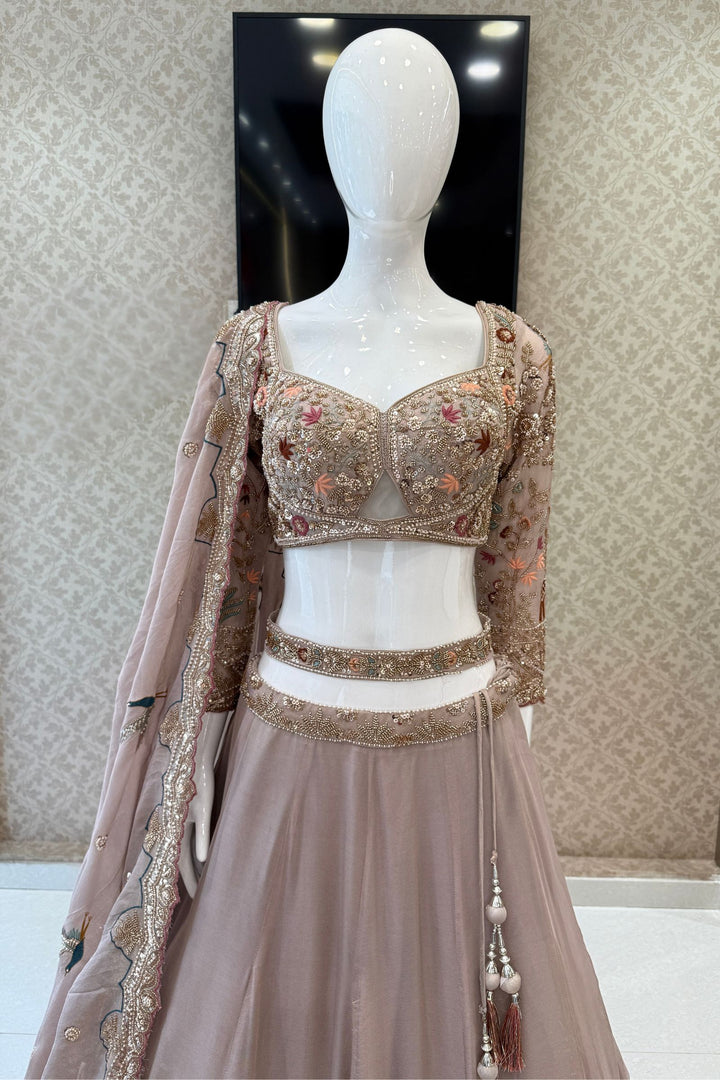 Beige Wedding Lehenga with Bird and Deer Motifs and Floral Bloom Embroidery with Belt