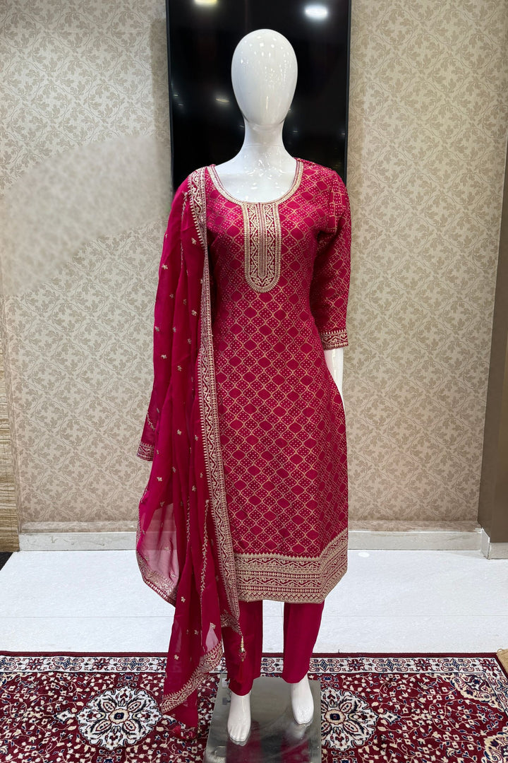 Rani Pink Banaras, Sequins and Zari work with Bandini Print Straight Cut Salwar Suit
