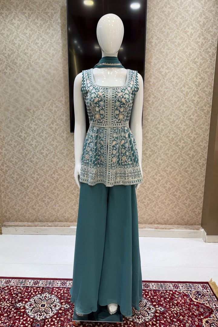 Sea Green Multicolor Embroidery and Sequins work Peplum Top with Palazzo Suit Set
