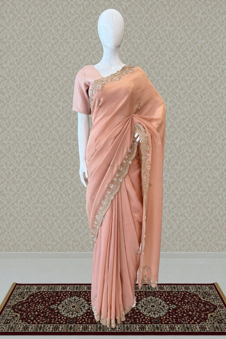 Peach Party Wear Saree with Sequins, Beads Border and Floral Motif Embroidery