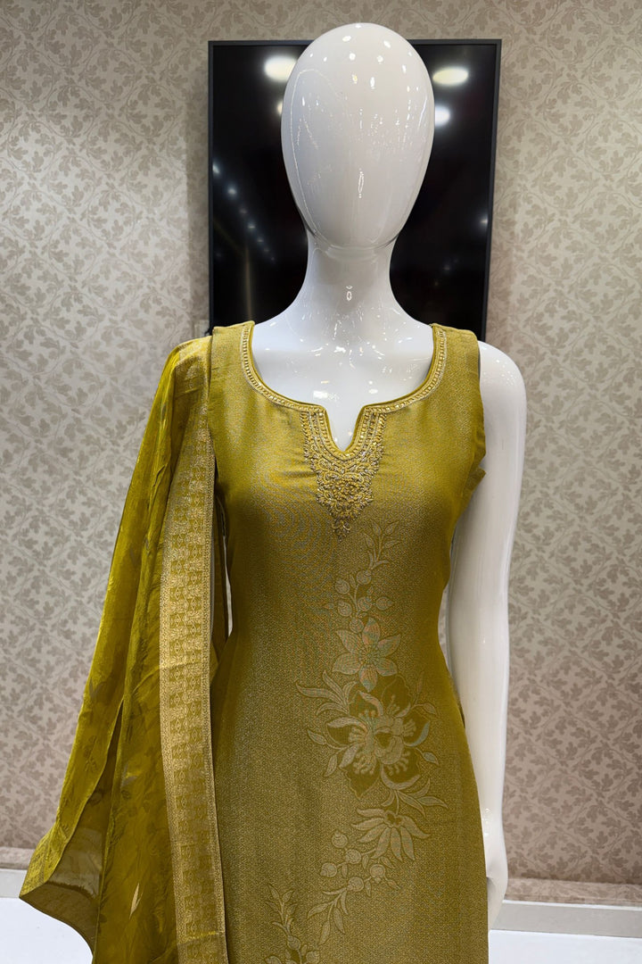Liril Green Brocade, Zardozi, Beads, Thread, Stone and Zari work Straight Cut Salwar Suit