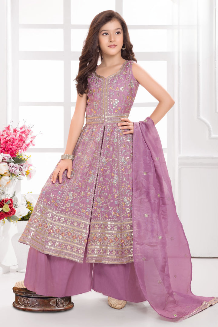 Light Lavender Multicolor Thread, Zari and Sequins work Palazzo Suit Set for Girls
