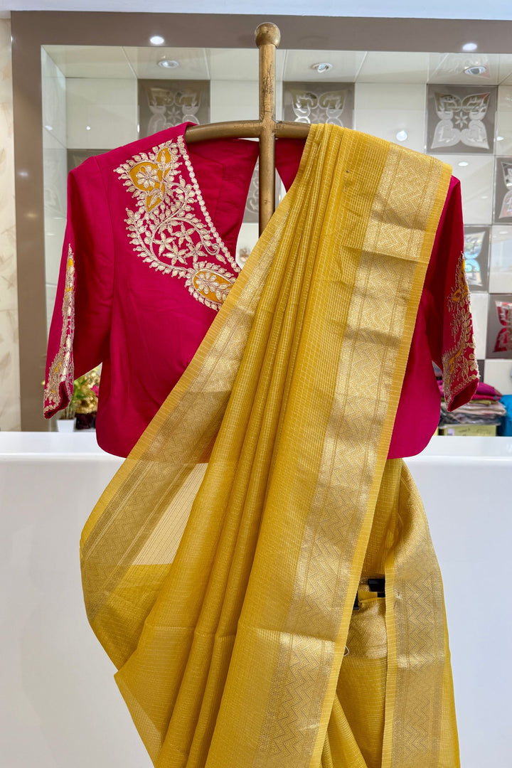 Yellow Zari work Saree with Gotapatti work Readymade Blouse