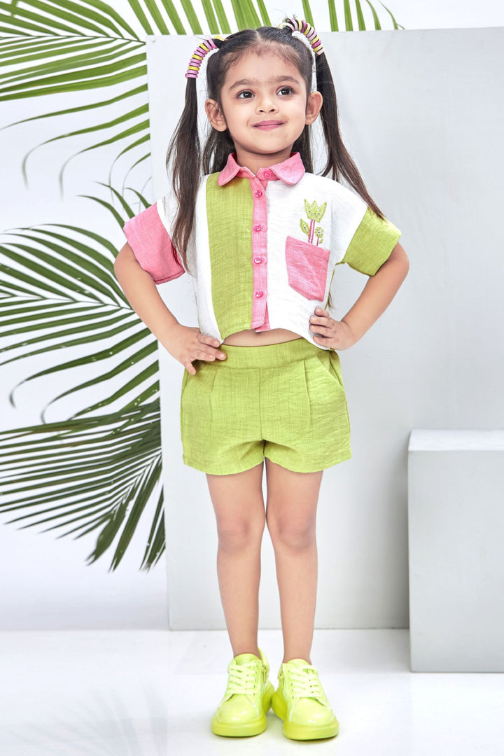 Green with Multicolor Top and Shorts For Girls