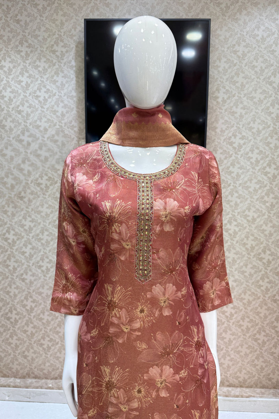 Gajri Pink Mirror, Zardozi and Banaras work with Floral Print Straight Cut Salwar Suit