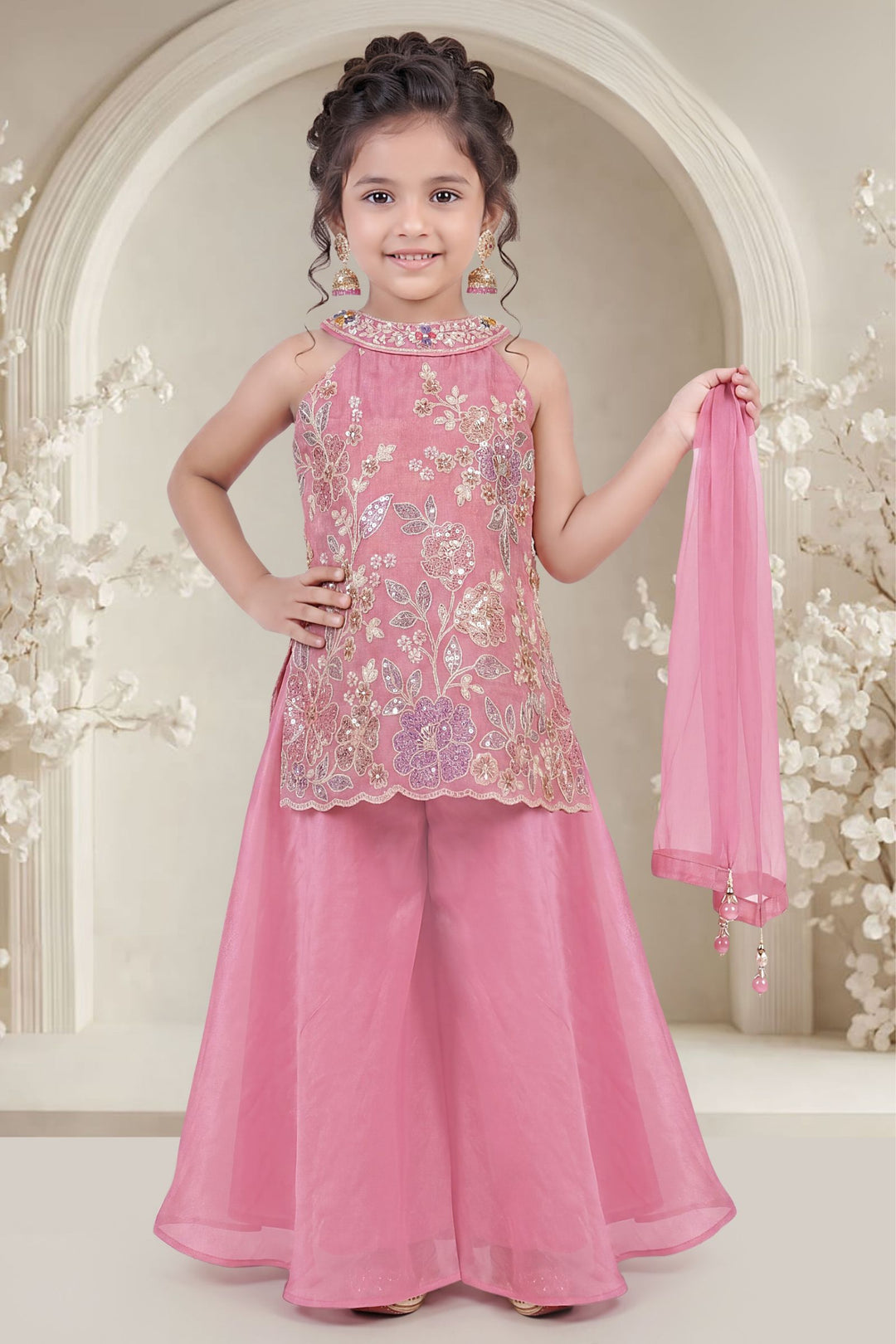 Baby Pink Sequins, Zari and Thread work Palazzo Suit Set for Girls