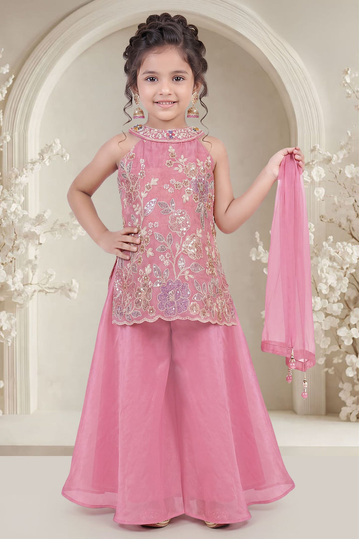 Baby Pink Sequins, Zari and Thread work Palazzo Suit Set for Girls